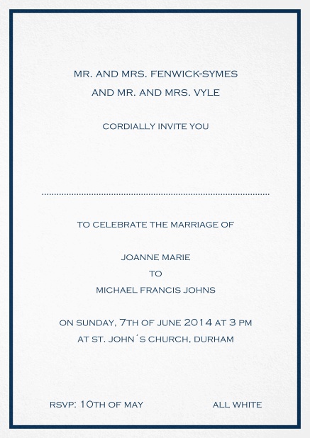 Invitation card with delicate border including a dotted line for name of recipient. Navy.