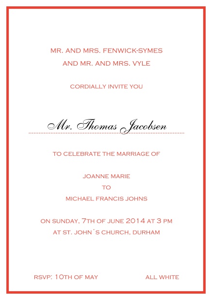 Invitation card with fine border including a dotted line for name of recipient.