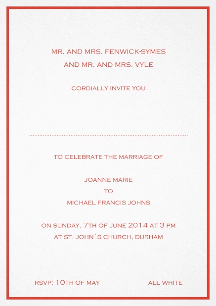 Invitation card with delicate border including a dotted line for name of recipient. Red.