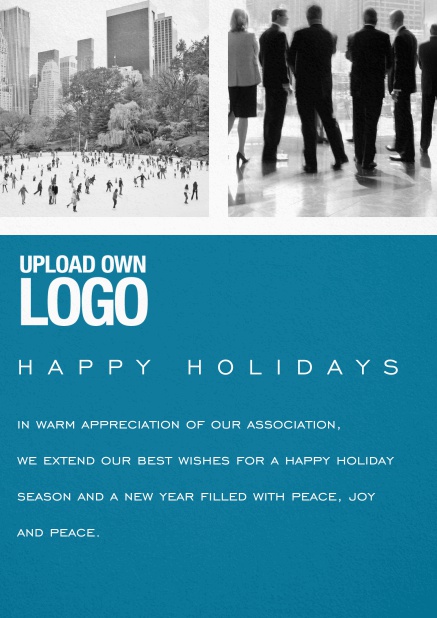 Corporate Christmas card with photo field, own logo option and red text field. Blue.