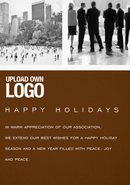 Corporate Christmas card with photo field, own logo option and red text field. Brown.