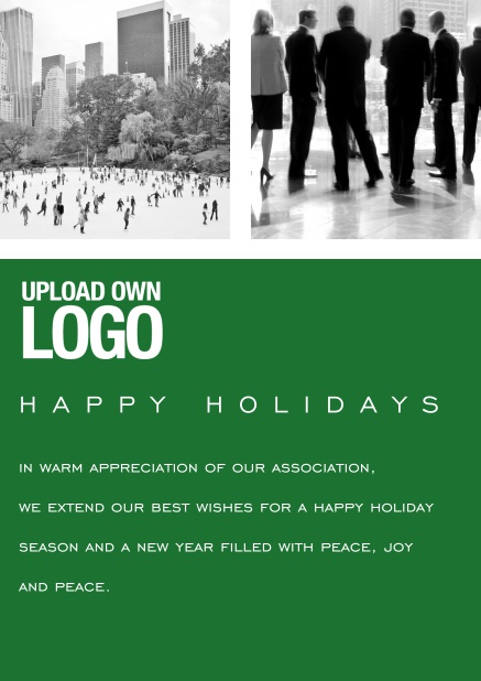 Corporate Christmas card with photo field, own logo option and red text field. Green.