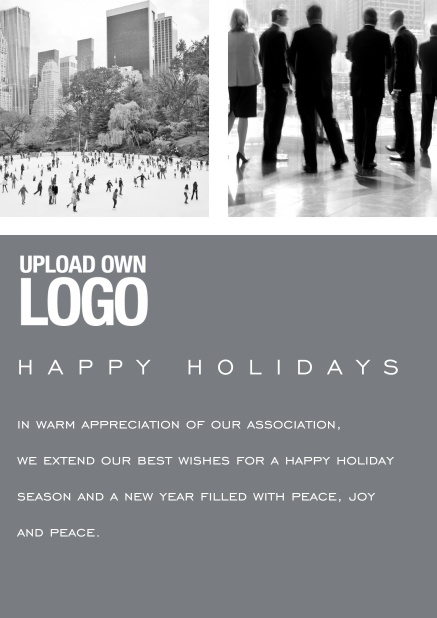 Corporate Christmas card with photo field, own logo option and red text field. Grey.