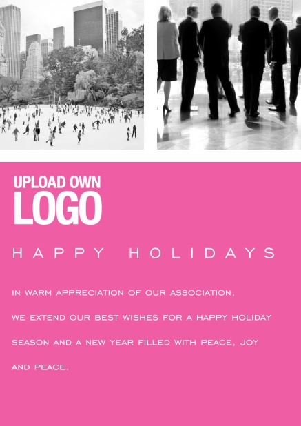 Corporate Christmas card with photo field, own logo option and red text field. Pink.