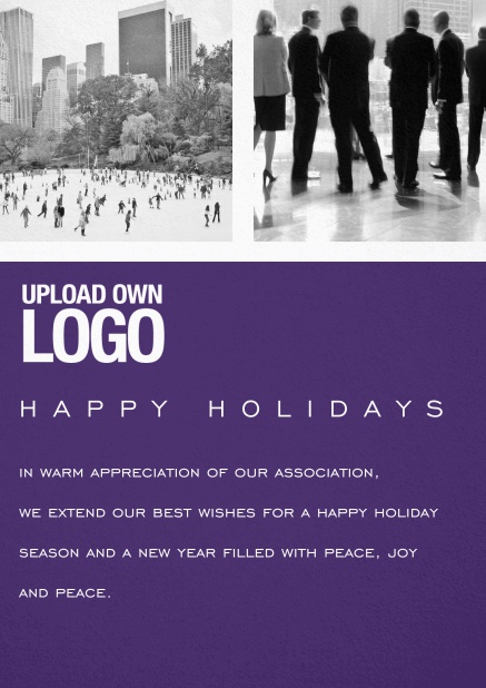 Corporate Christmas card with photo field, own logo option and red text field. Purple.