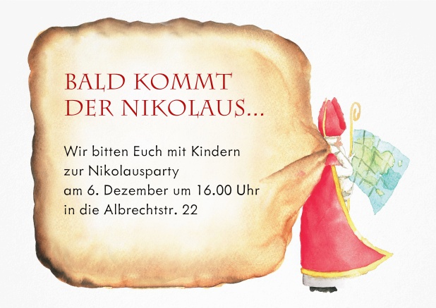 Karte mit Nikolaus und großem Sack für Geschenke.