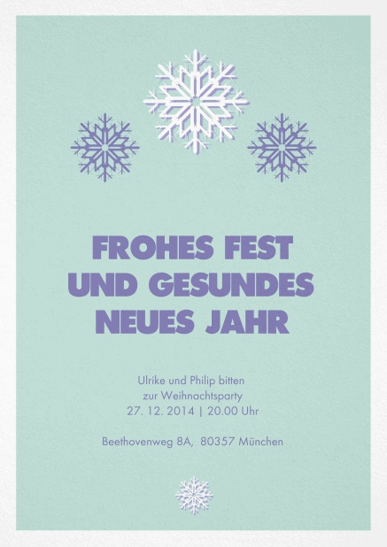 Weihnachtskarte mit Schneeflocken auf hellblauem Hintergrund mit editierbarem Text.