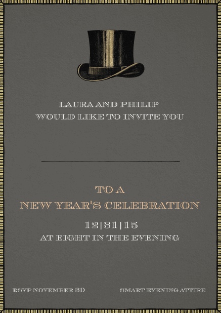 Party invitation card with top hat including dotted line for guest's name.