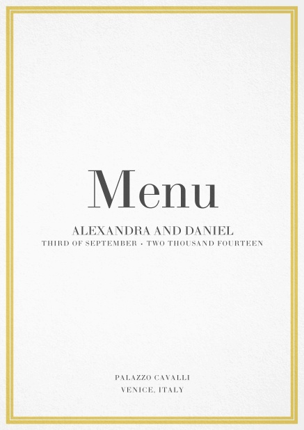 Menu card with yellow frame and dard text.