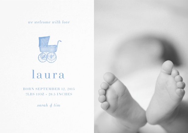 Birth announcement with photo boxes, pink baby carriage and customizable text. Blue.