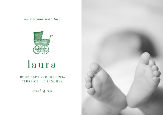 Birth announcement with photo boxes, pink baby carriage and customizable text. Green.