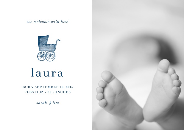 Birth announcement with photo boxes, pink baby carriage and customizable text. Navy.