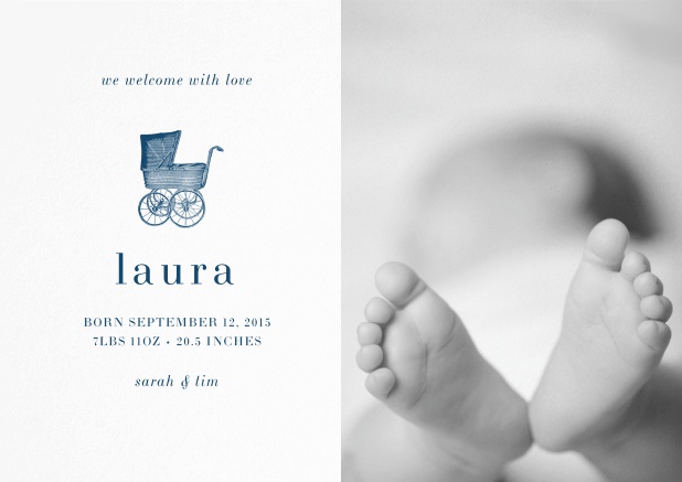 Birth announcement with photo boxes, pink baby carriage and customizable text. Navy.