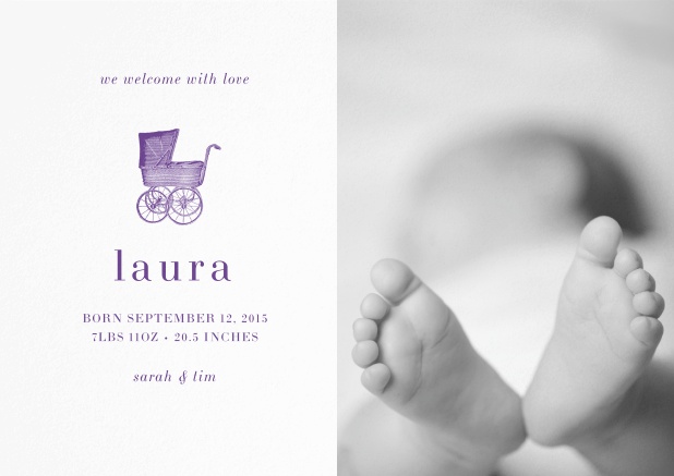 Birth announcement with photo boxes, pink baby carriage and customizable text. Purple.