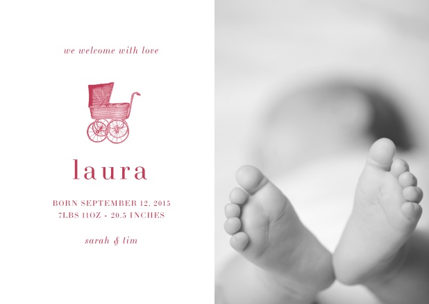 Birth announcement with photo boxes, pink baby carriage and customizable text. Red.