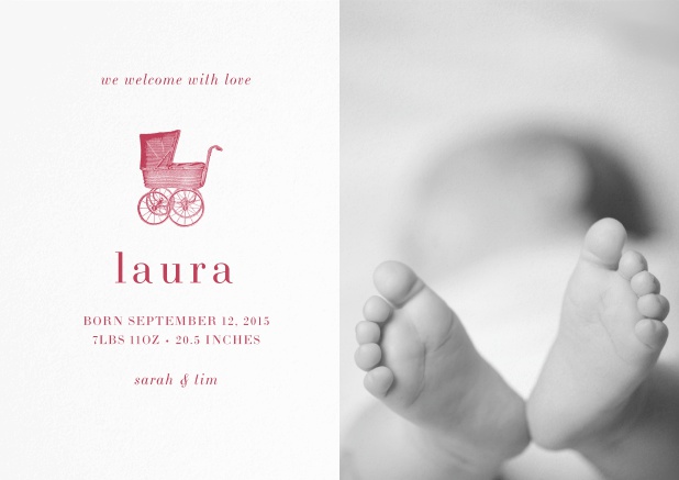Birth announcement with photo boxes, pink baby carriage and customizable text. Red.
