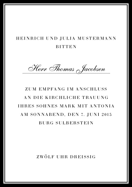 Online Klassische Einladungskarte mit rotem Rahmen und persönlicher Anrede. Schwarz.