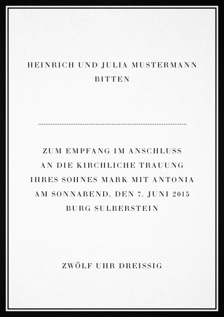 Klassische, weiße Karte in Hochkant mit Rahmen und Text. Schwarz.