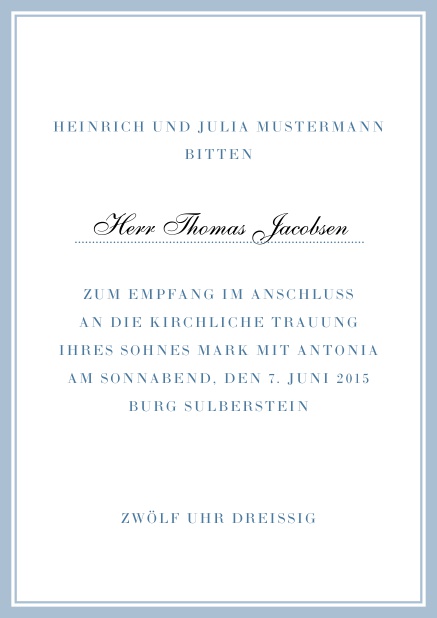 Online Klassische Einladungskarte mit rotem Rahmen und persönlicher Anrede. Blau.
