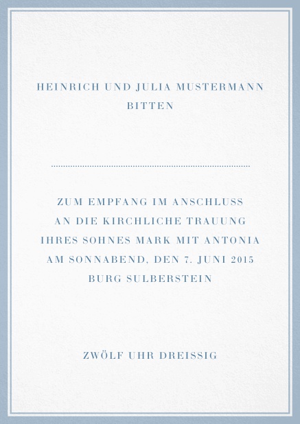 Klassische, weiße Karte in Hochkant mit Rahmen und Text. Blau.