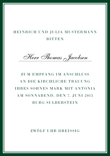 Online Klassische Einladungskarte mit rotem Rahmen und persönlicher Anrede. Grün.