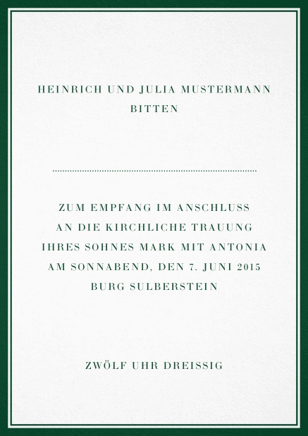 Klassische, weiße Karte in Hochkant mit Rahmen und Text. Grün.