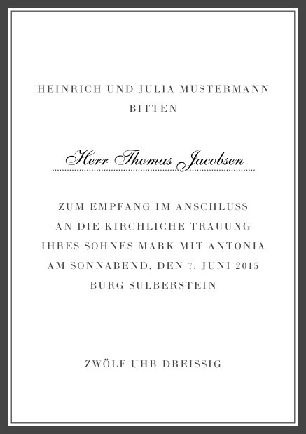 Online Klassische Einladungskarte mit rotem Rahmen und persönlicher Anrede. Grau.
