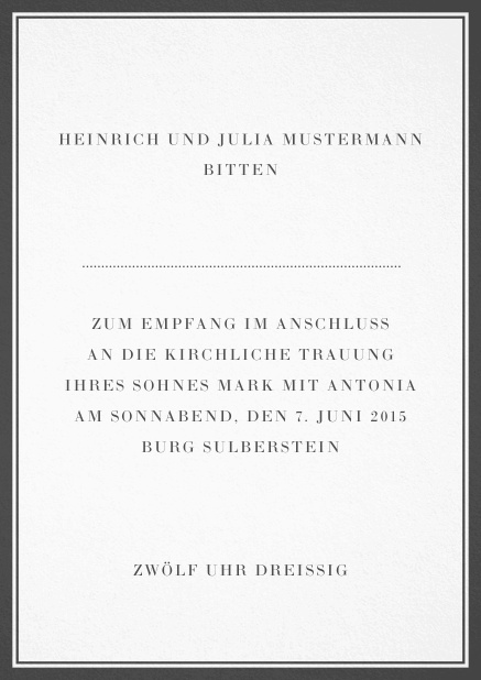 Klassische, weiße Karte in Hochkant mit Rahmen und Text. Grau.