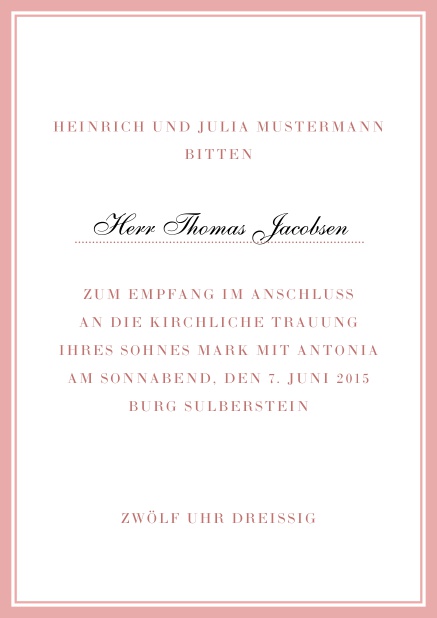 Online Klassische Einladungskarte mit rotem Rahmen und persönlicher Anrede. Rosa.
