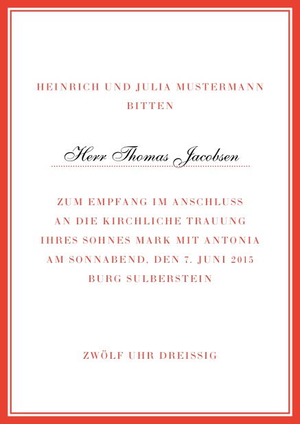 Online Klassische Einladungskarte mit rotem Rahmen und persönlicher Anrede. Rot.