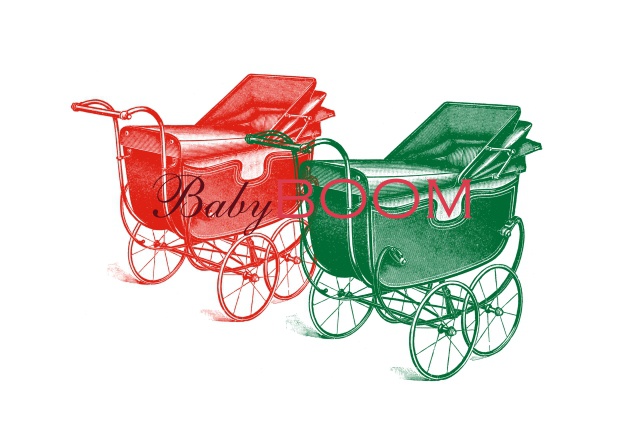 Online Weiße Karte mit rot-grünem Kinderwagen und dem Worten "Baby Boom".