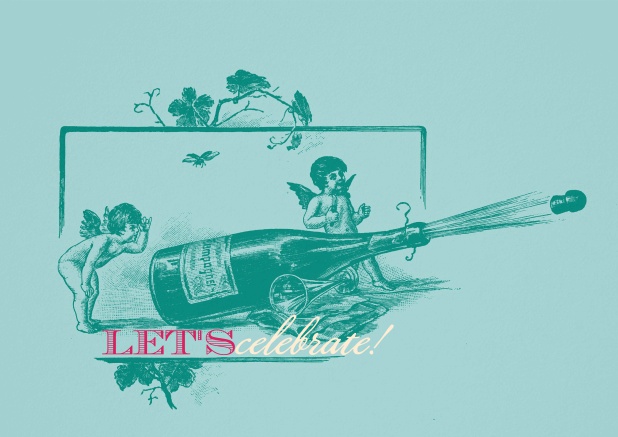 Invitation card with angels, a champagne bottle and the phrase "let´s celebrate".