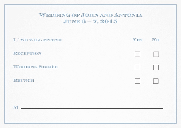 Online reply card with in several color variations available. Blue.