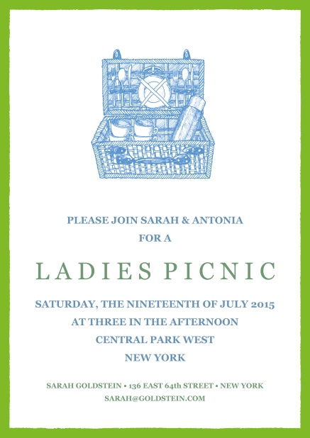 Online Einladungskarte zum Picknick mit blauem Picknickkorb, grünem Rahmen und Textfeld.