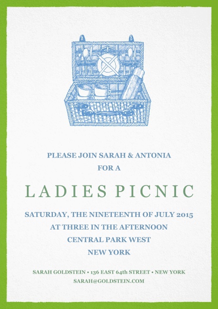 Card with blue picnic basket, green frame and editable text field.