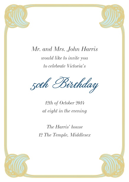 50th Birthday online birthday invitation card with art deco frame.