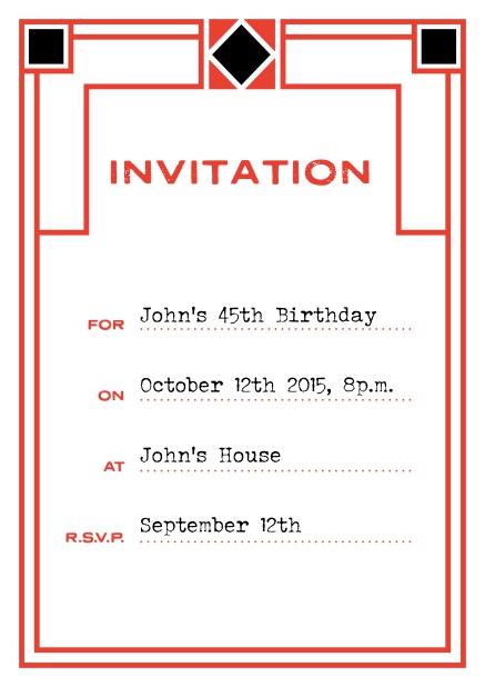 Online invitation card with art deco design for birthday invitations or other occasions. Red.