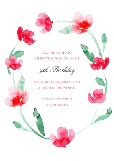 Online invitation with red flower wreath for 50th birthday.