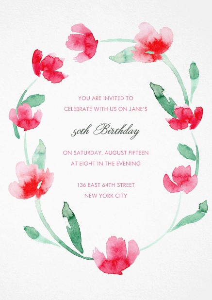 Invitation with red flower wreath for 50th birthday.