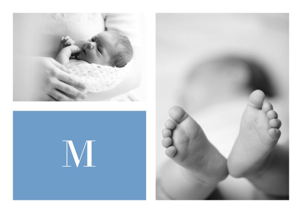 Online Geburtskarte mit 2 Fotos und Textfeld in mehreren Farben und editierbarem Buchstaben und Anzeigentext. Blau.