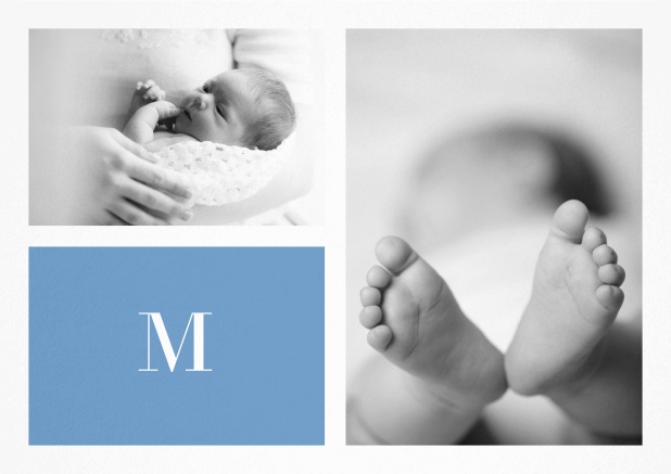 Geburtskarte mit 2 Fotos und Textfeld in mehreren Farben und editierbarem Buchstaben und Anzeigentext. Blau.