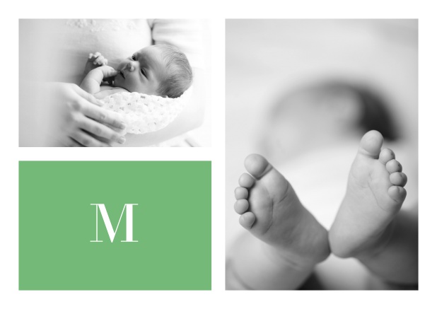 Online Geburtskarte mit 2 Fotos und Textfeld in mehreren Farben und editierbarem Buchstaben und Anzeigentext. Grün.