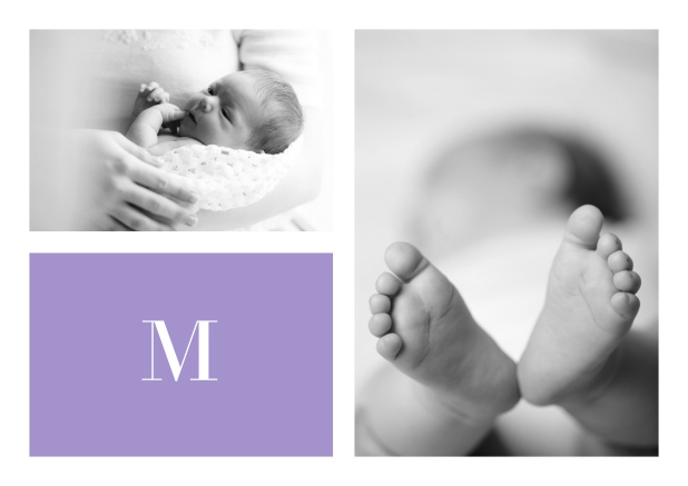 Online Birth announcement card with 2 photos and text field in multiple colors with editable letter, including editable announcement text. Purple.