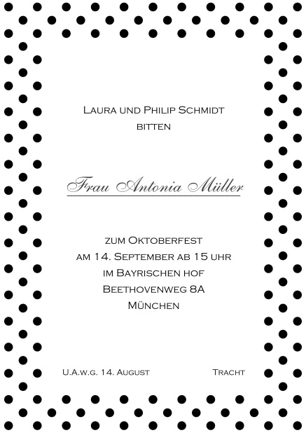 Online Einladungskarte mit gepunktetem Rahmen in verschiedenen Farben und editierbarem Text. Schwarz.