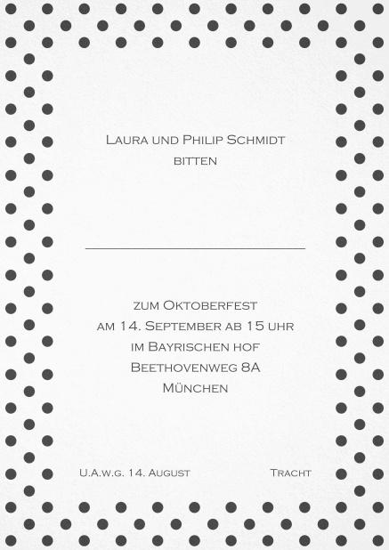 Einladungskarte mit gepunktetem Rahmen in verschiedenen Farben und editierbarem Text. Grau.