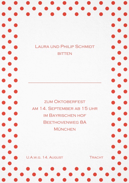 Einladungskarte mit gepunktetem Rahmen in verschiedenen Farben und editierbarem Text. Rot.