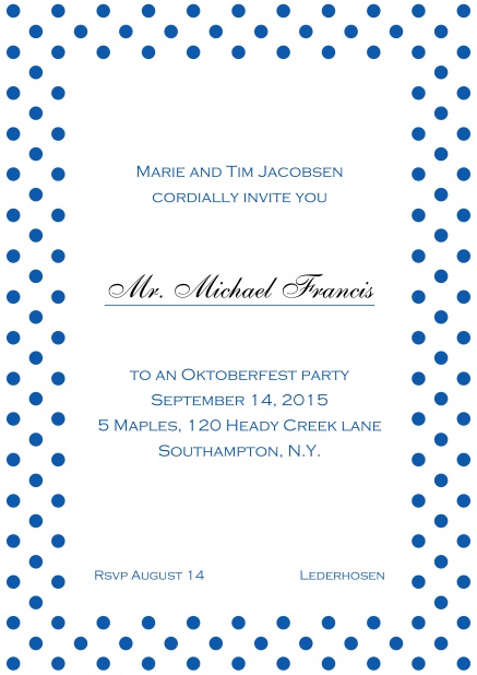 Classic online invitation card with poka dotted frame, editable text and line for personal addressing.