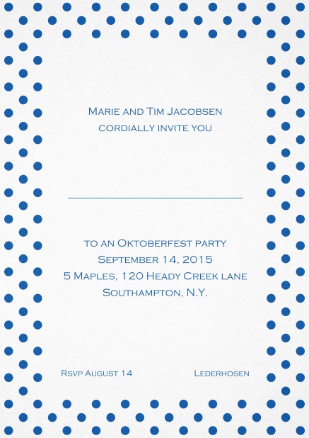 Novel by Döring - Blue - Classic invitation cards Classic invitation card with poka dotted frame in several colors and editable text. Blue.
