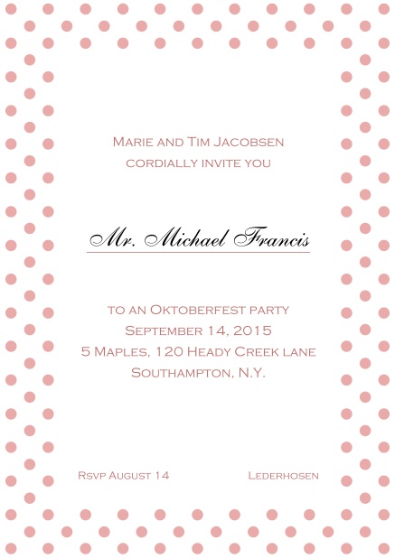 Classic online invitation card with poka dotted frame, editable text and line for personal addressing. Pink.