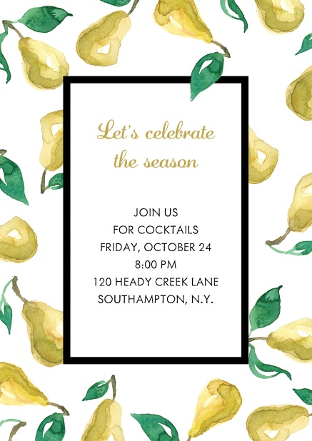 Pear Harvest feast Online Invitation card with pears and black frame.